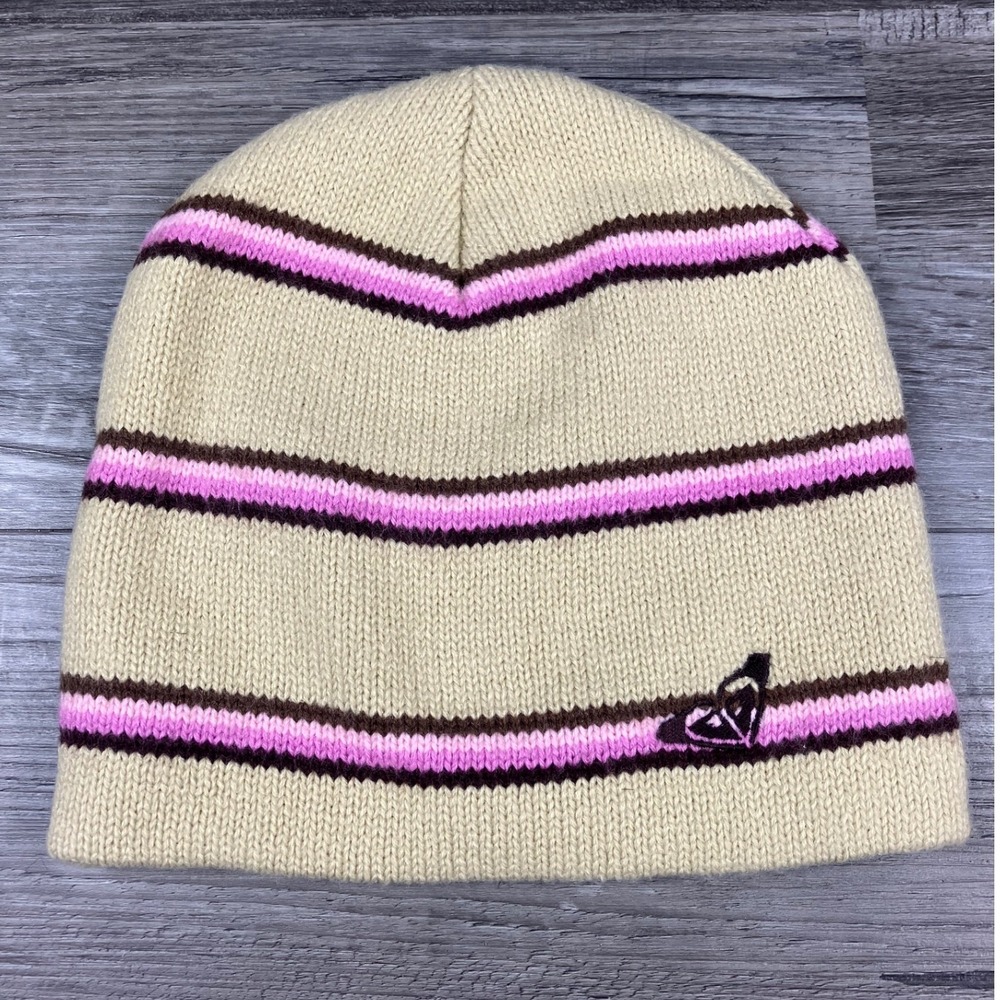 Roxy Striped Knit Beanie Hat Cream Pink Brown Embroidered Heart Logo Skater